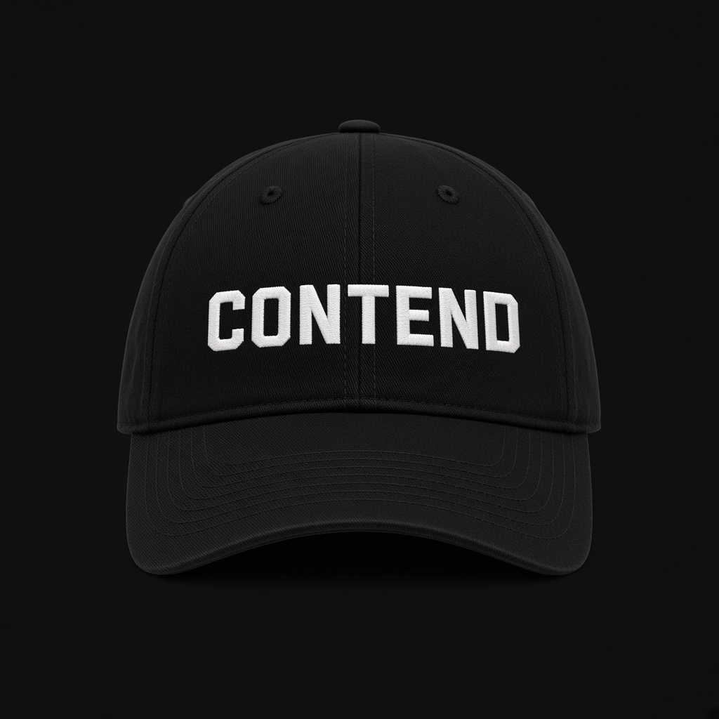 Black baseball cap with the white Contend wordmark across the front.