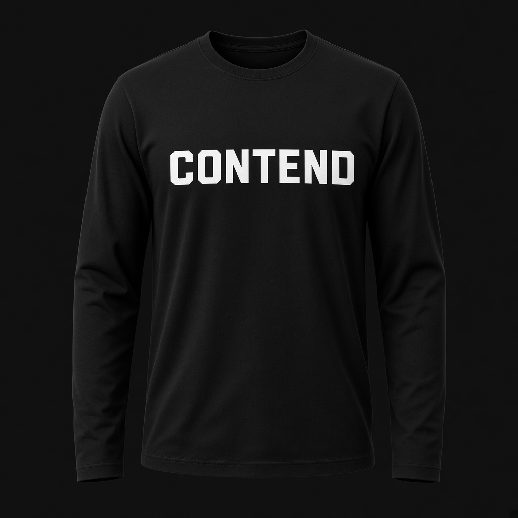 Black long-sleeve shirt with the white Contend wordmark on the chest.