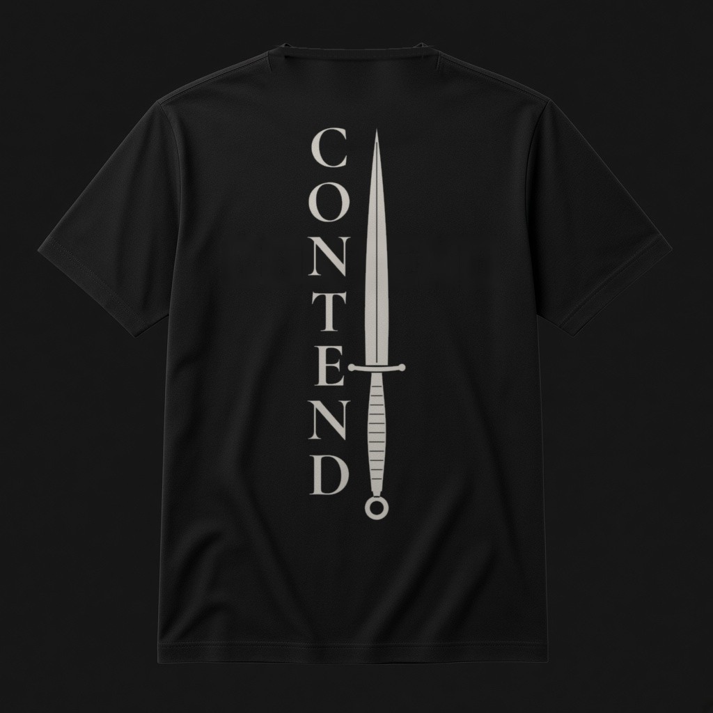 Back of a black short-sleeve t-shirt printed in off-white with CONTEND in tall serif capitals stacked vertically beside a long Fairbairn-Sykes style dagger, running down the center of the back.