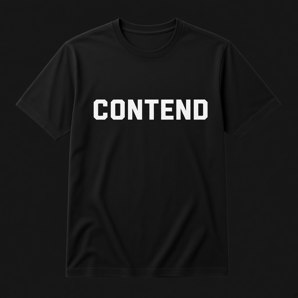 Black short-sleeve t-shirt with the white Contend wordmark on the chest.